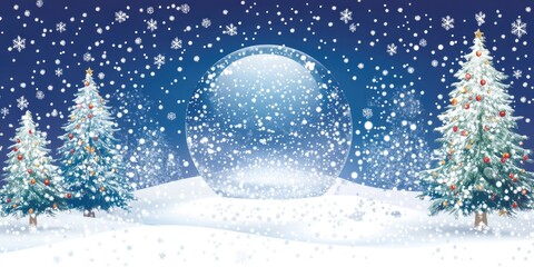 Festive Snow Globe. Holiday Scene with Christmas Trees in a Winter Wonderland