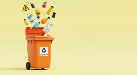 Mixed waste and hazardous items floating above orange recycling bin on yellow background