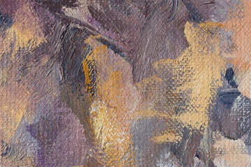 Beige brown oil painting background. Shades of the fashionable color of 2025 mocha mousse. Abstract authentic art background. The texture of the paint in close-up on the canvas, brush strokes. Macro