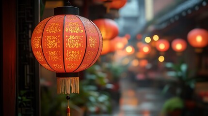 Illuminated red lanterns hanging in a rain-soaked Asian alleyway.