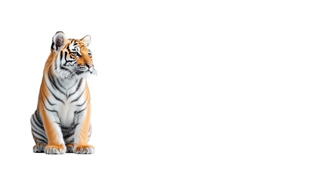 Captivating sidelong view of a majestic tiger with striking orange and black stripes on a bright white background