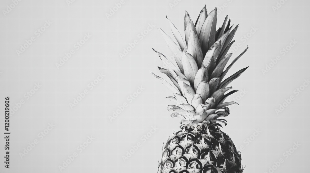 Poster Fresh pineapple with vibrant green leaves displayed in a minimalistic setting with white background. Generative AI
