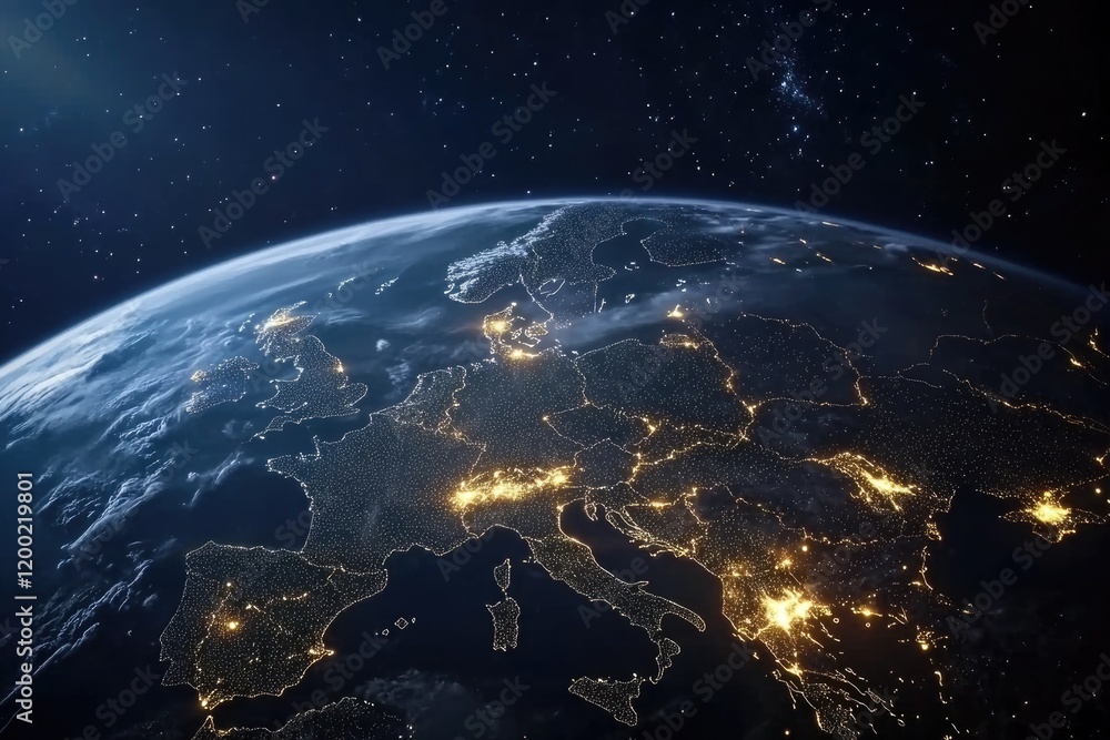 Poster worldwide connection: a conceptual view of planet earth with network lines and city lights from spac