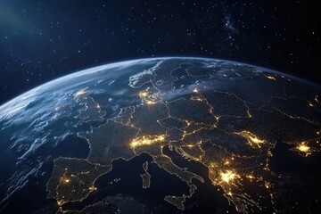 Obraz premium Worldwide Connection: A Conceptual View of Planet Earth with Network Lines and City Lights from Space