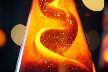 Swirling orange and yellow lava lamp creates mesmerizing movement in a dark room filled with soft light. Generative AI