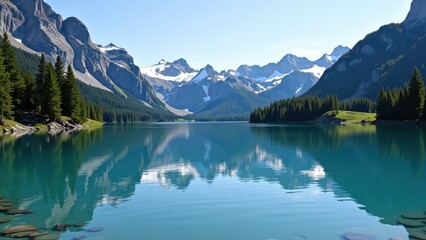 Calm turquoise lake mirrors majestic mountain peaks under a serene sky; nature's perfect reflection invites tranquility