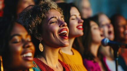 Diverse choir women singing outdoors at sunset
