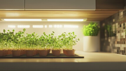 Fototapeta premium Photorealistic image of a home-grown microgreens setup with a variety of seedlings under grow lights in a kitchen 