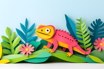 Colorful chameleon in the jungle, paper cut art style