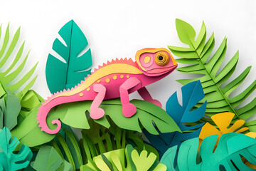 Obraz premium Colorful chameleon in the jungle, paper cut art style