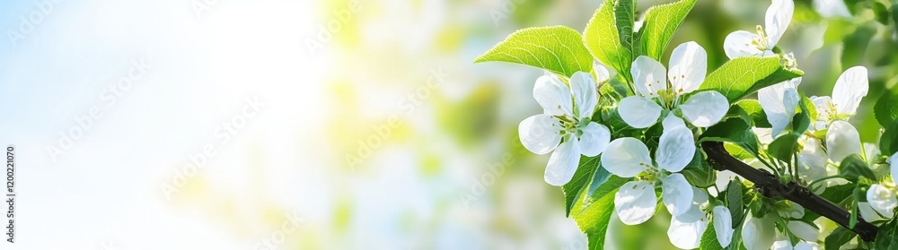 Poster spring banner with blurred background and space for text, blossoming apple tree branch.