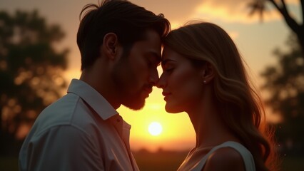 A couple sharing a loving gaze under a glowing sunset sky
