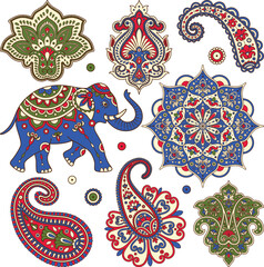 Indian vector clipart set with paisley, mandala, Indian elephant. colorful Hindi ornament. Indian pattern. Sanskrit. Lotus mandala
