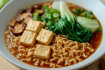 Warm bowl of noodles topped with fresh vegetables and tofu in a cozy kitchen setting