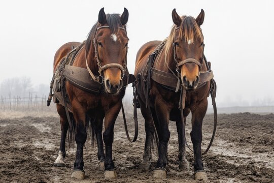 Majestic Matched Pair of Draft Horses: Bay Beauties Ready for Agriculture and Plough Work