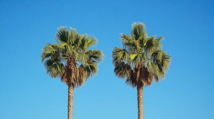 Obraz premium Tropical Duo: Two Palm Trees Silhouetted Against a Bright Blue Sky on a Sunny Summer Day