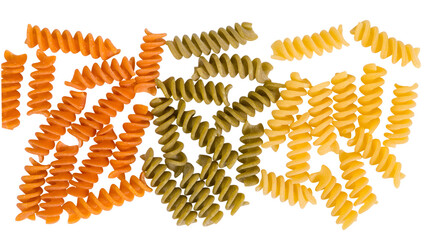 Fusilli pasta isolated on a white background. Top view.