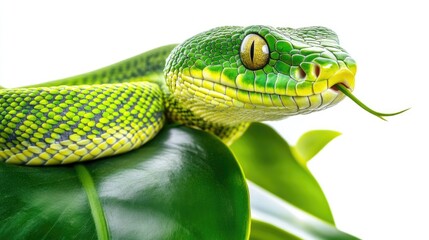 Sleek Serpent Awaits: A Vibrant Reptile Captured in Isolation on a Crisp White Canvas