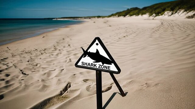 Poster of sharks on a beach.