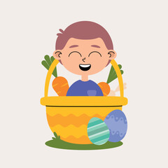 Caucasian boy child character with purple t-shirt in pastel colors inside yellow basket with some carrots next to it and Easter eggs on grass and light background.