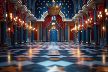 Obraz premium Blue and Red Hallway with a Bold Checkered Floor