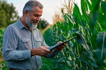 Farmer using technology to assess corn growth in lush green field during golden hour