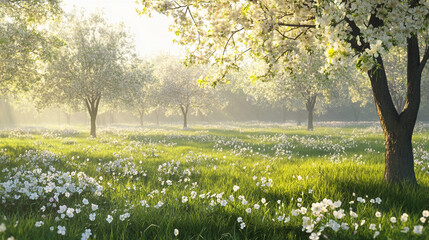 Blossoming trees in a vibrant field during early morning light. Generative AI