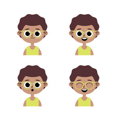 Afro child character with glasses and yellow t-shirt in pastel colors with different facial expressions, happy, joyful, surprised, scared and smiling.