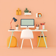  Office desk with desktop computer and vacant empty chair. Free unoccupied workplace, workspace illustration