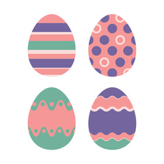Easter eggs in pastel colors, pink, purple and green on a white background.