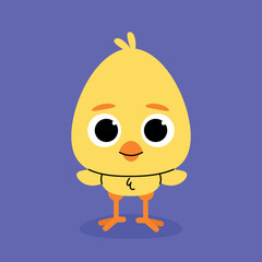 Child character of yellow chick standing with outstretched wings on a purple background.