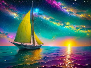Sailing Ship in the Sunset Voyage through a Cosmic Dream