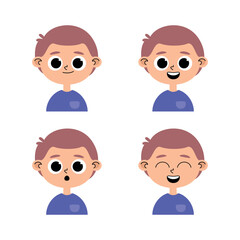 Child character of Caucasian boy with purple t-shirt and brown hair in pastel colors with different facial expressions, happy, joyful, surprised, scared and smiling.