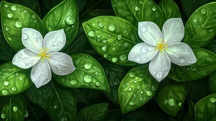 Dew-kissed white flowers on lush green leaves.