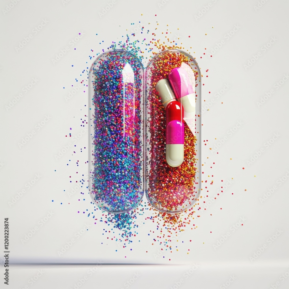 Aufkleber Colorful particles spill from a split capsule creating a vibrant display of color and texture. Generative AI