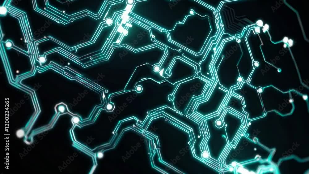 Aufkleber a close-up view of intricate circuit board patterns glowing in blue light against a dark background,