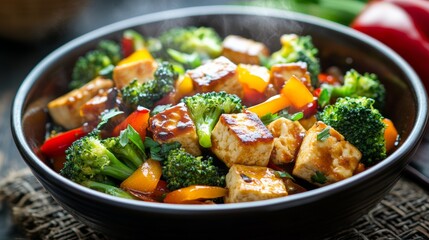 Quick vegan stir-fry with tofu, broccoli, and bell peppers, served steaming hot,