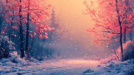 A serene winter wonderland captivating snowy landscape with softly blurred trees and gentle snowfall capturing tranquility. Enchanted Winter Wonderland. Illustration