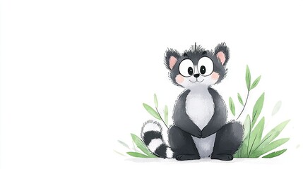 Obraz premium A sketch of a raccoon perched on the ground with a plant positioned in front of its face