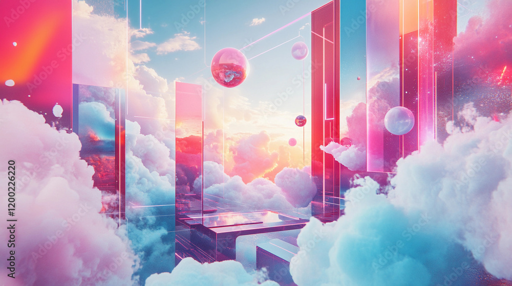 Poster vibrant digital landscape with floating shapes and colorful clouds. generative ai