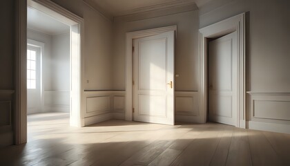 Obraz premium Sunlit Interior: Elegant White Doors and Calm Minimalist Design