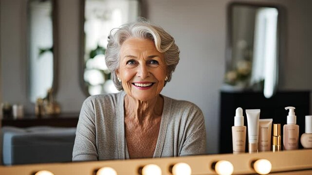 Senior woman with makeup in a dressing room.