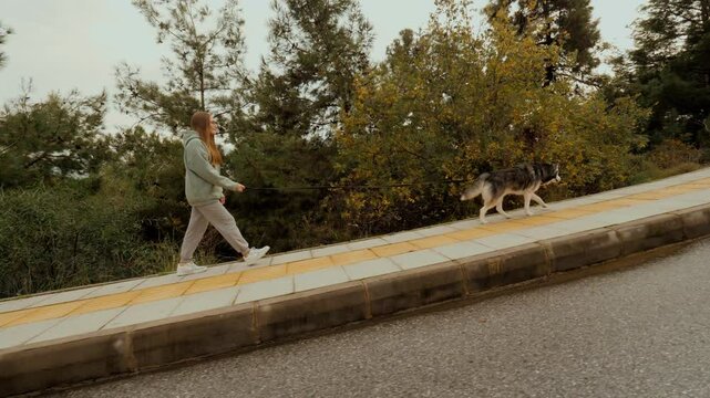Modern woman walking with Husky dog at autumn park climbing up on asphalt road side view