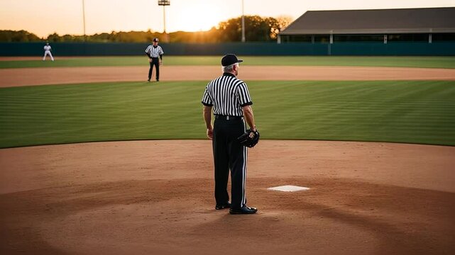 Baseball umpire on a baseball field.