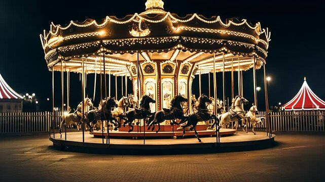 Fairground carousel at night.