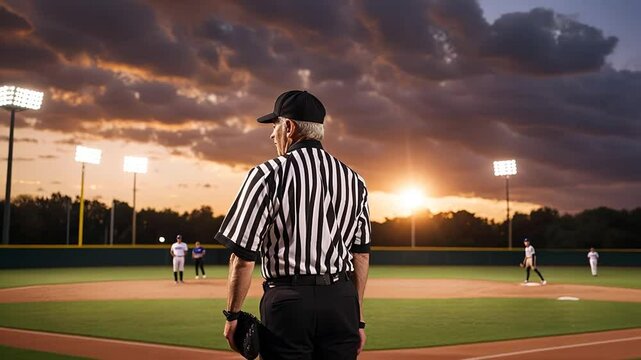 Baseball umpire on a baseball field.