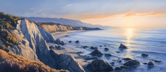 Ocean beach with cliffs and hills. A sunset over the water provides a stunning view for relaxation