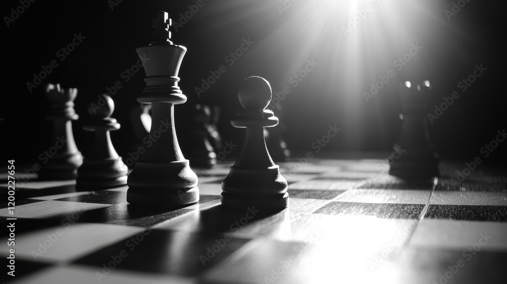 Aufkleber Chess pieces strategically positioned on a board with dramatic lighting creating shadows and highlights. Generative AI