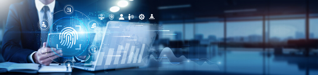 A biometric specialist using a tablet with a digital interface overlay showing fingerprint scan, facial recognition, and technology graphs identifying trends, mapping patterns, tracking performance.
