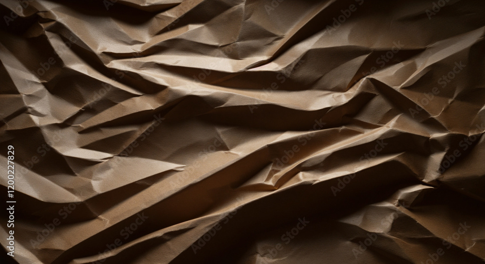 Poster close-up of crumpled brown wrapping paper creating an abstract textured background, ideal for design